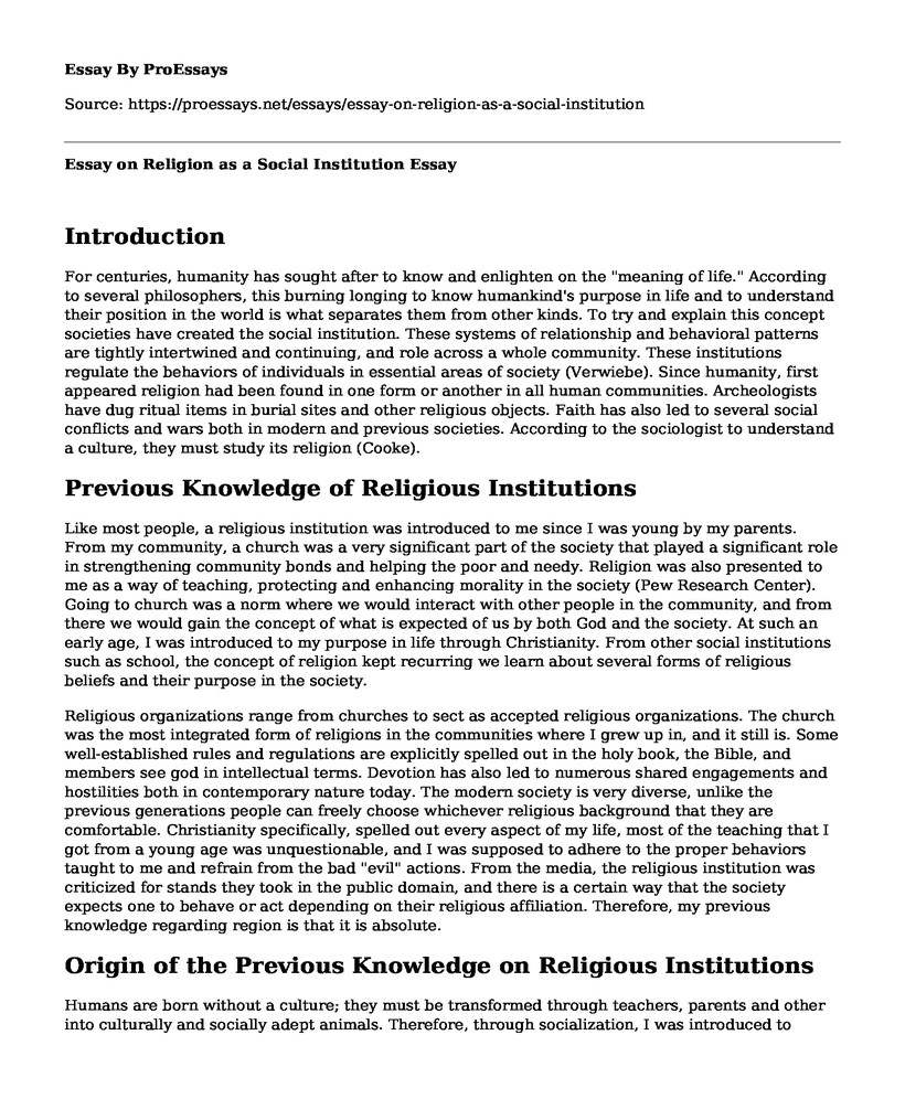Essay on Religion as a Social Institution