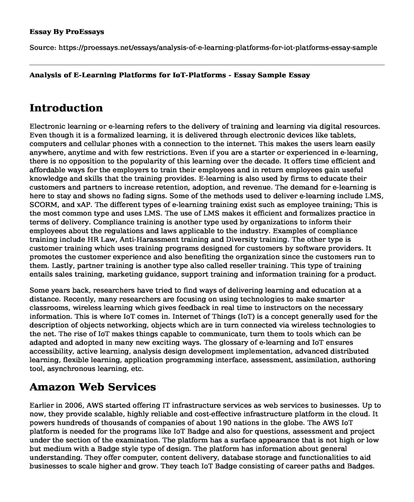 Analysis of E-Learning Platforms for IoT-Platforms - Essay Sample