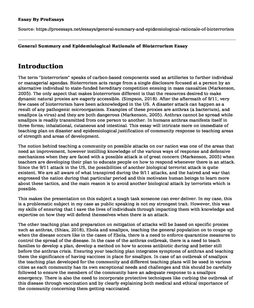 General Summary and Epidemiological Rationale of Bioterrorism