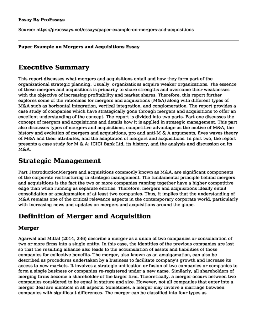 Paper Example on Mergers and Acquisitions
