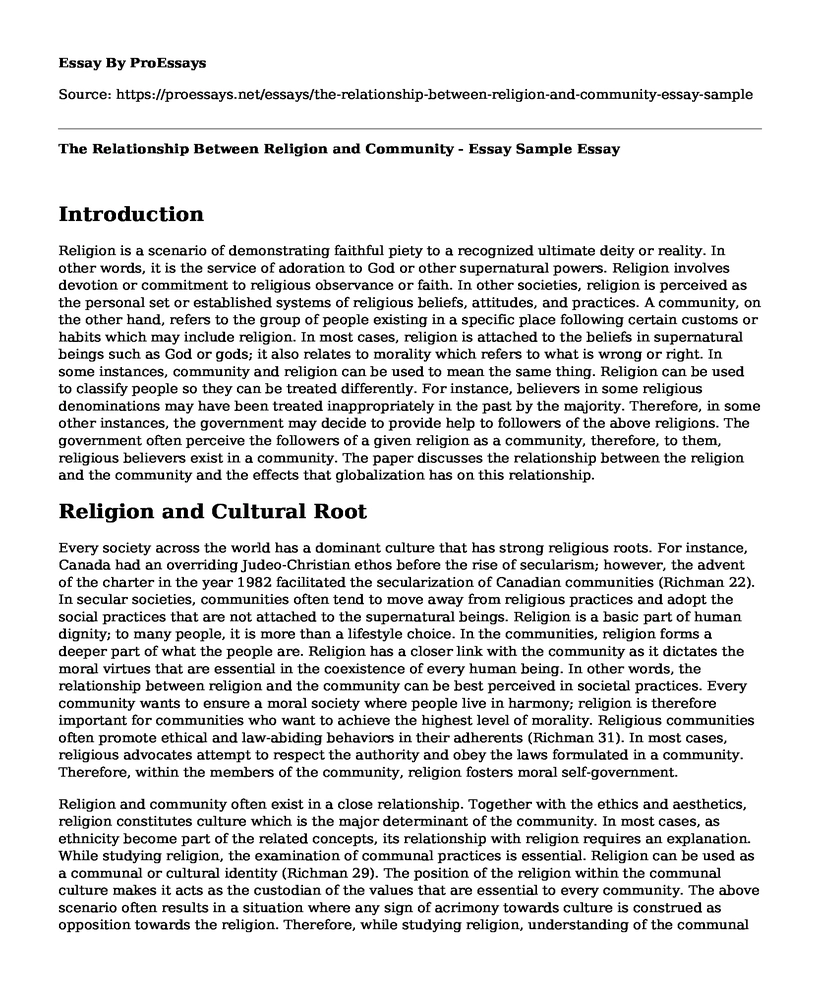 The Relationship Between Religion and Community - Essay Sample