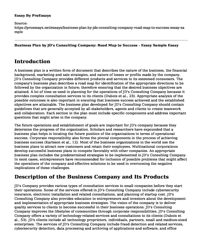 Business Plan by JD's Consulting Company: Road Map to Success - Essay Sample