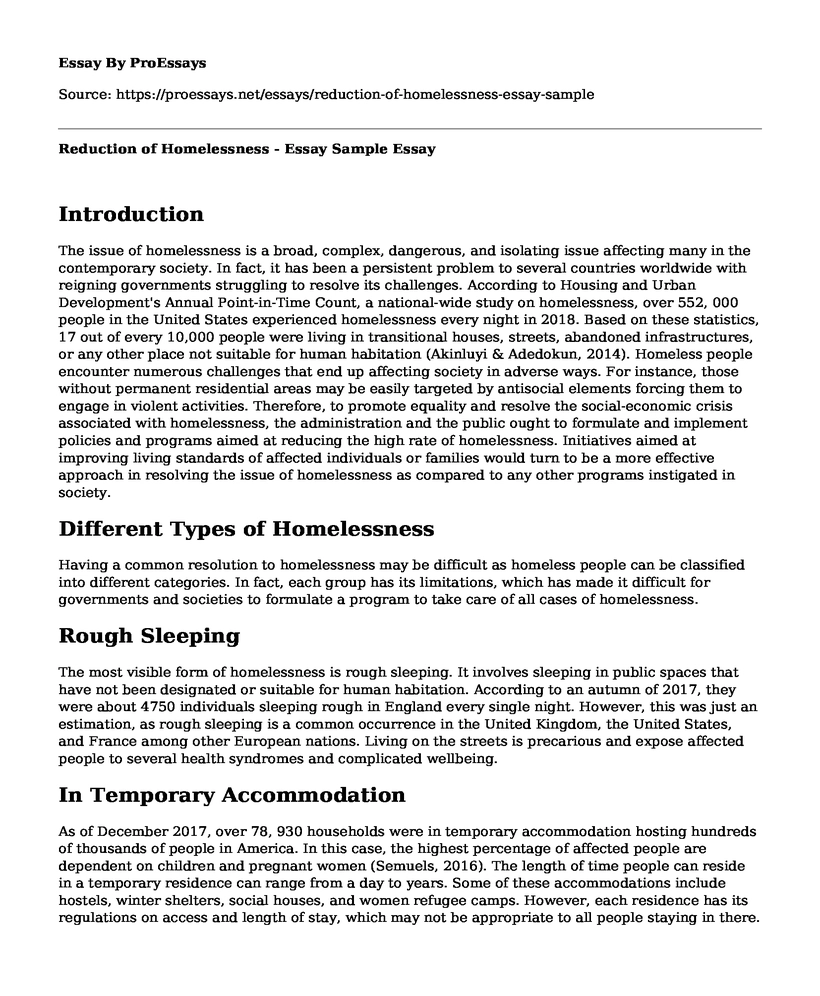 Reduction of Homelessness - Essay Sample