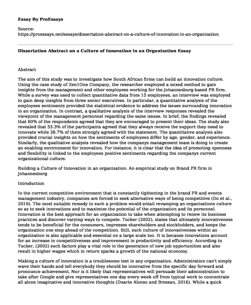 Dissertation Abstract on a Culture of Innovation in an Organization