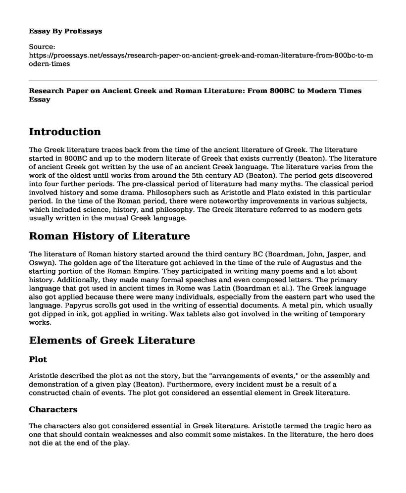 Research Paper on Ancient Greek and Roman Literature: From 800BC to Modern Times