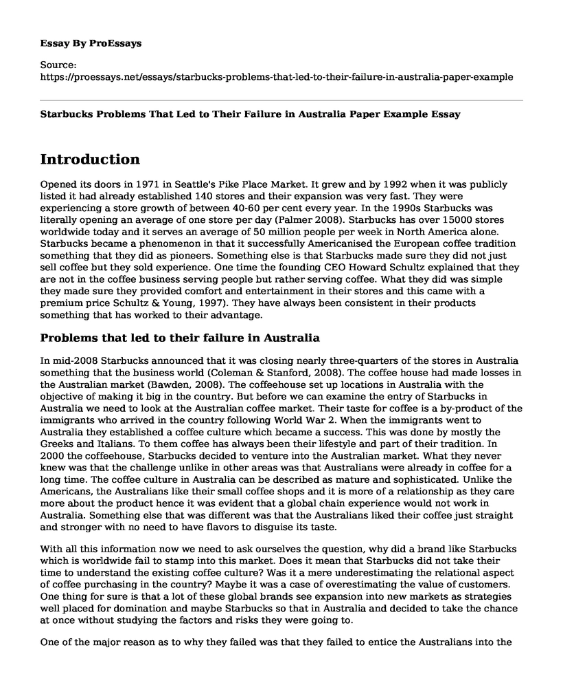 Starbucks Problems That Led to Their Failure in Australia Paper Example