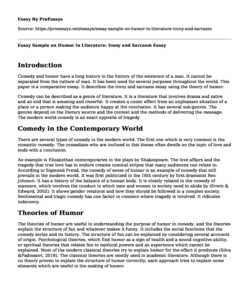 Essay Sample on Humor in Literature: Irony and Sarcasm