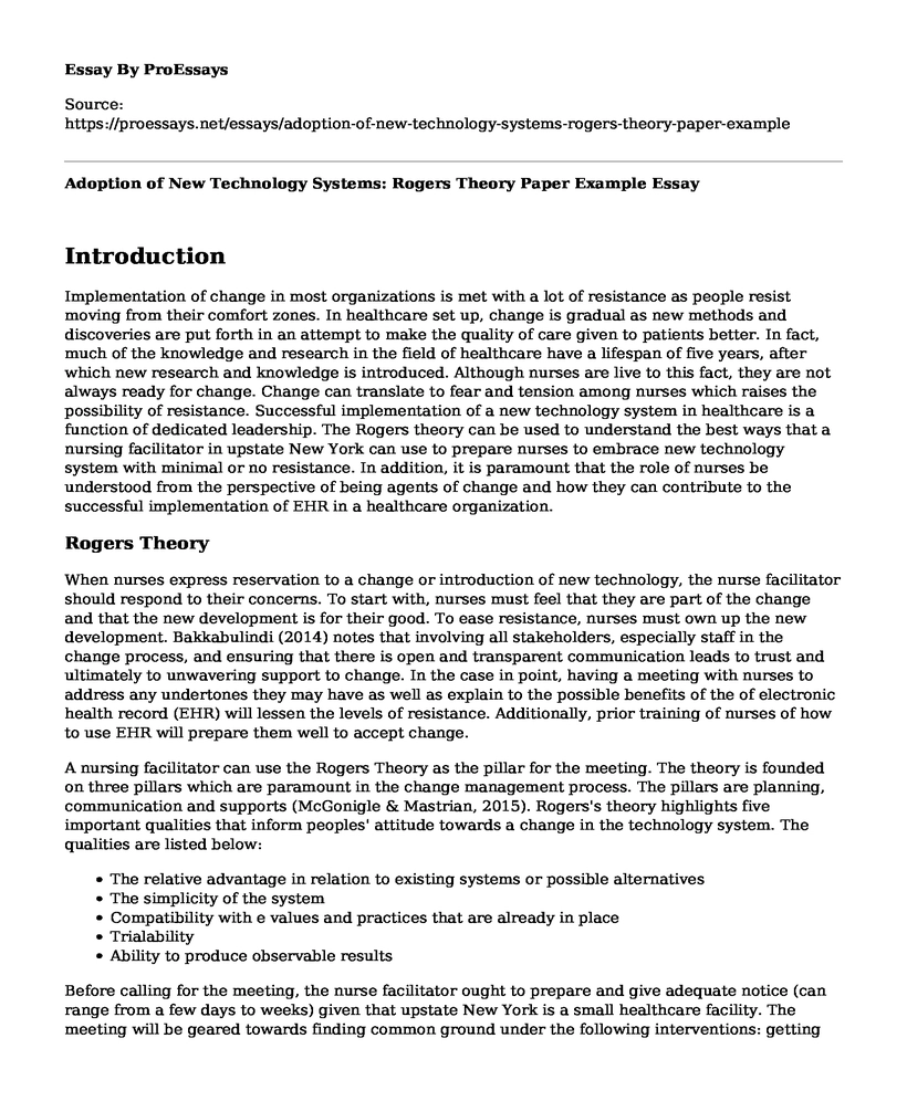Adoption of New Technology Systems: Rogers Theory Paper Example