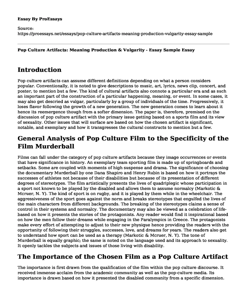Pop Culture Artifacts: Meaning Production & Vulgarity - Essay Sample
