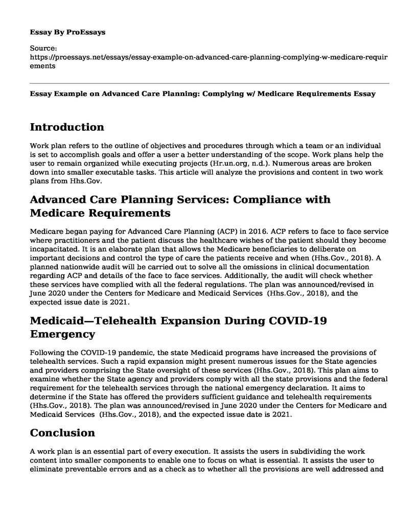 Essay Example on Advanced Care Planning: Complying w/ Medicare Requirements