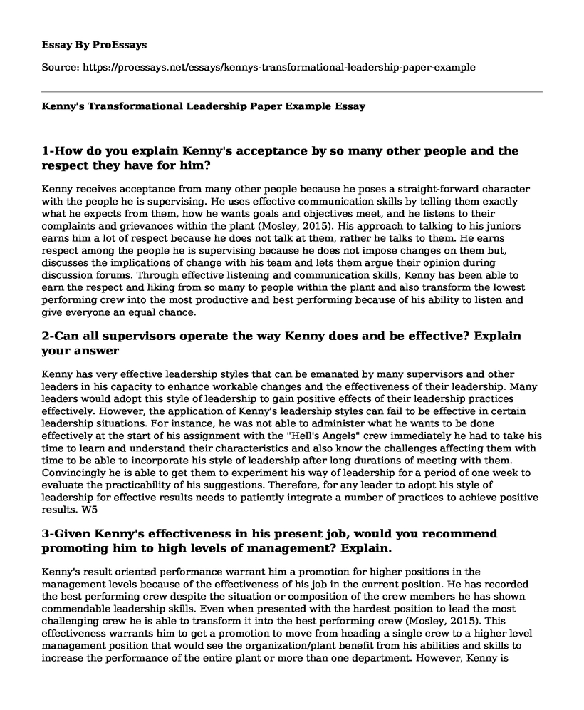 Kenny's Transformational Leadership Paper Example