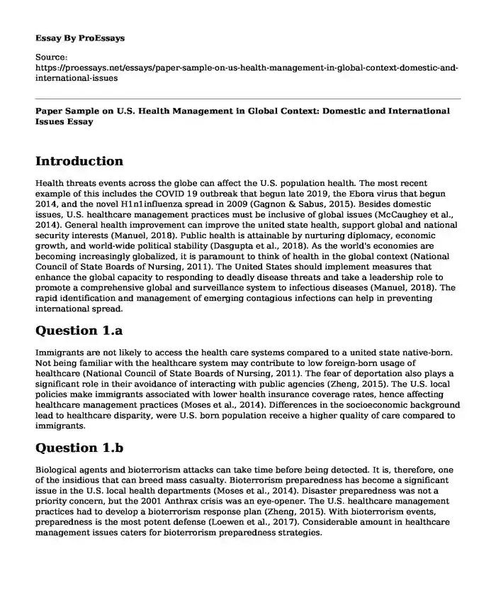 Paper Sample on U.S. Health Management in Global Context: Domestic and International Issues