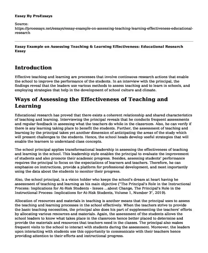 Essay Example on Assessing Teaching & Learning Effectiveness: Educational Research