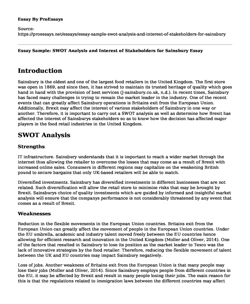 Essay Sample: SWOT Analysis and Interest of Stakeholders for Sainsbury
