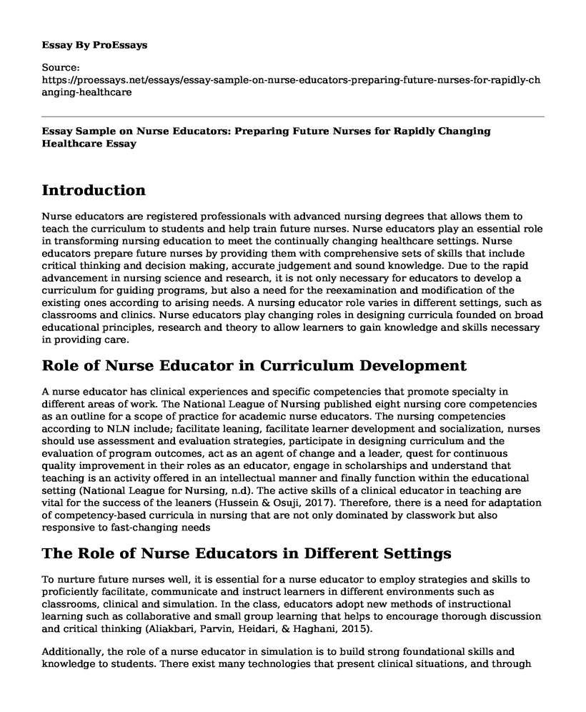 Essay Sample on Nurse Educators: Preparing Future Nurses for Rapidly Changing Healthcare