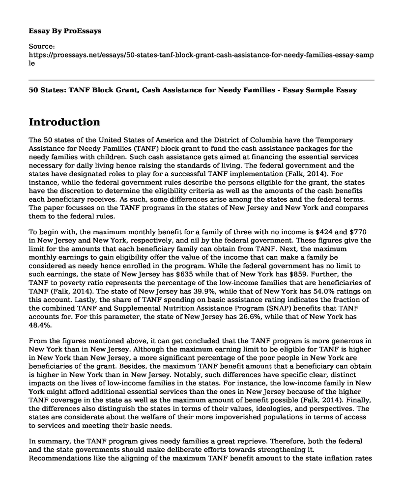 50 States: TANF Block Grant, Cash Assistance for Needy Families - Essay Sample