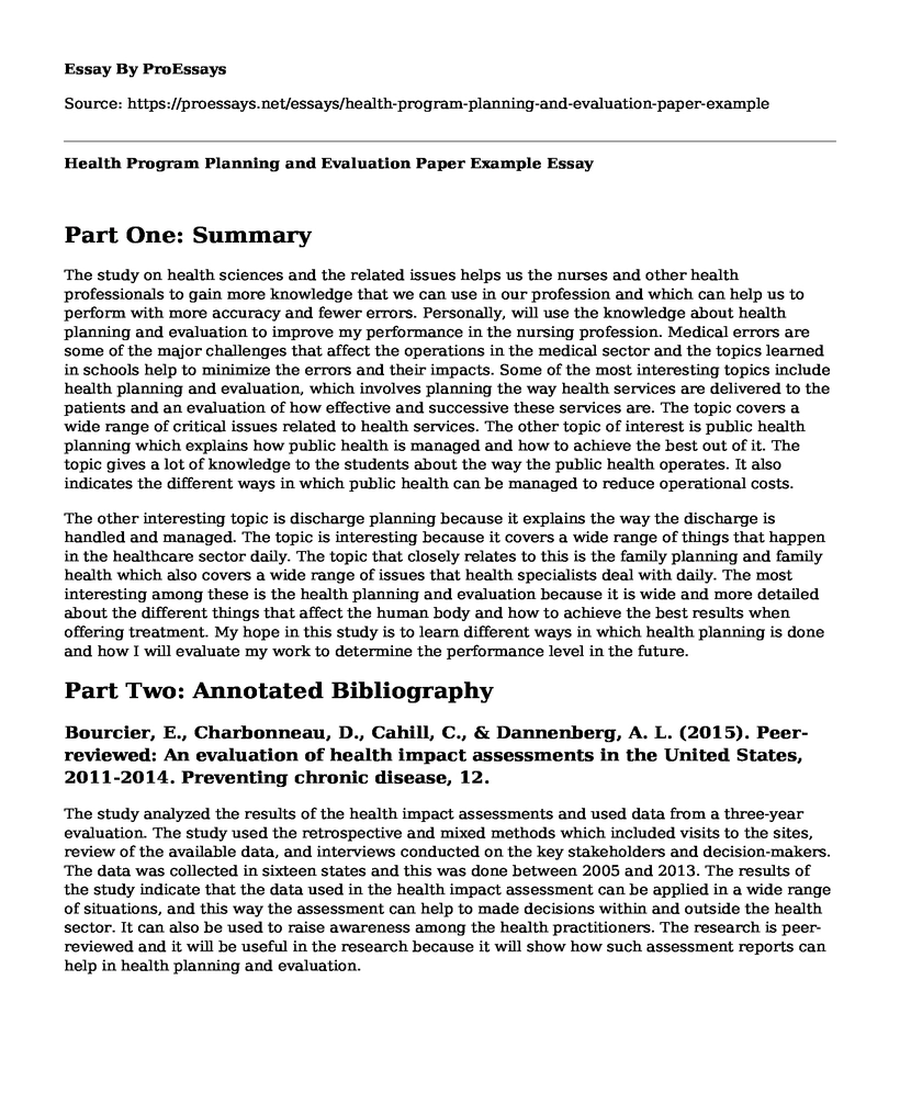 Health Program Planning and Evaluation Paper Example