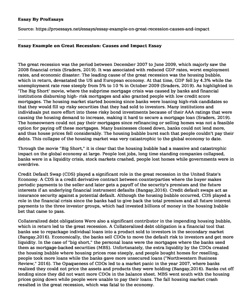 Essay Example on Great Recession: Causes and Impact