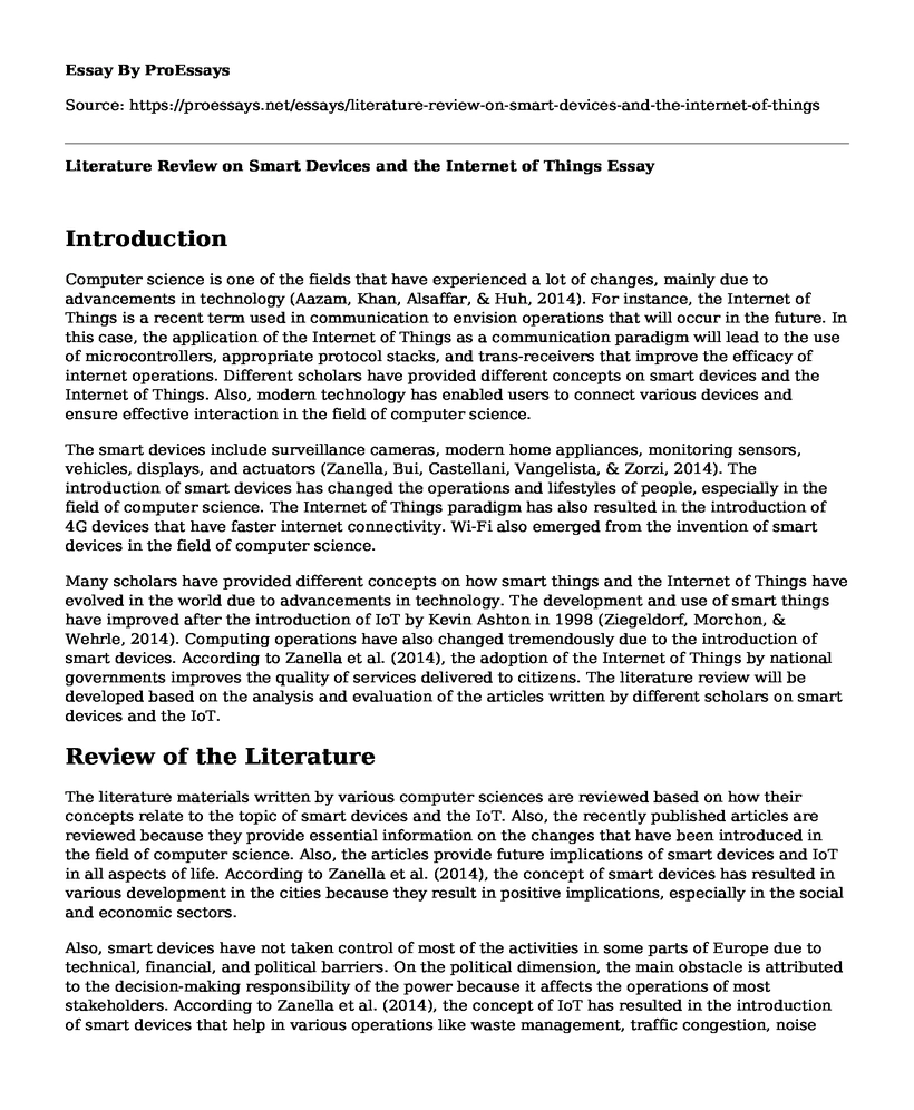 Literature Review on Smart Devices and the Internet of Things
