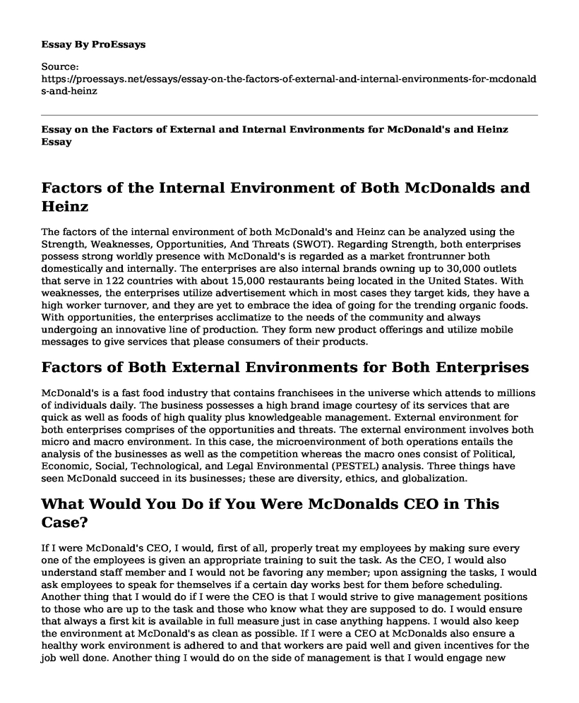 Essay on the Factors of External and Internal Environments for McDonald's and Heinz