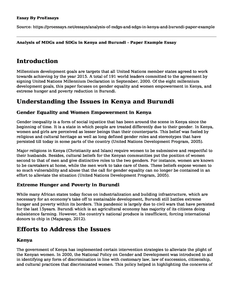 Analysis of MDGs and SDGs in Kenya and Burundi - Paper Example