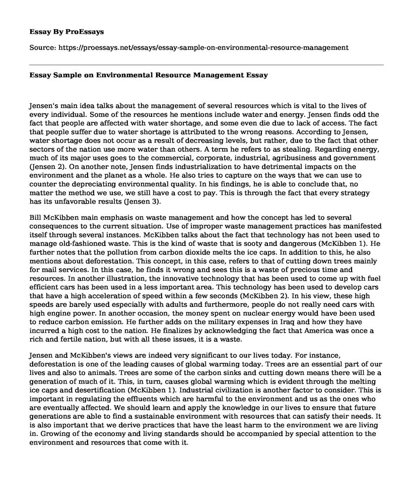 Essay Sample on Environmental Resource Management