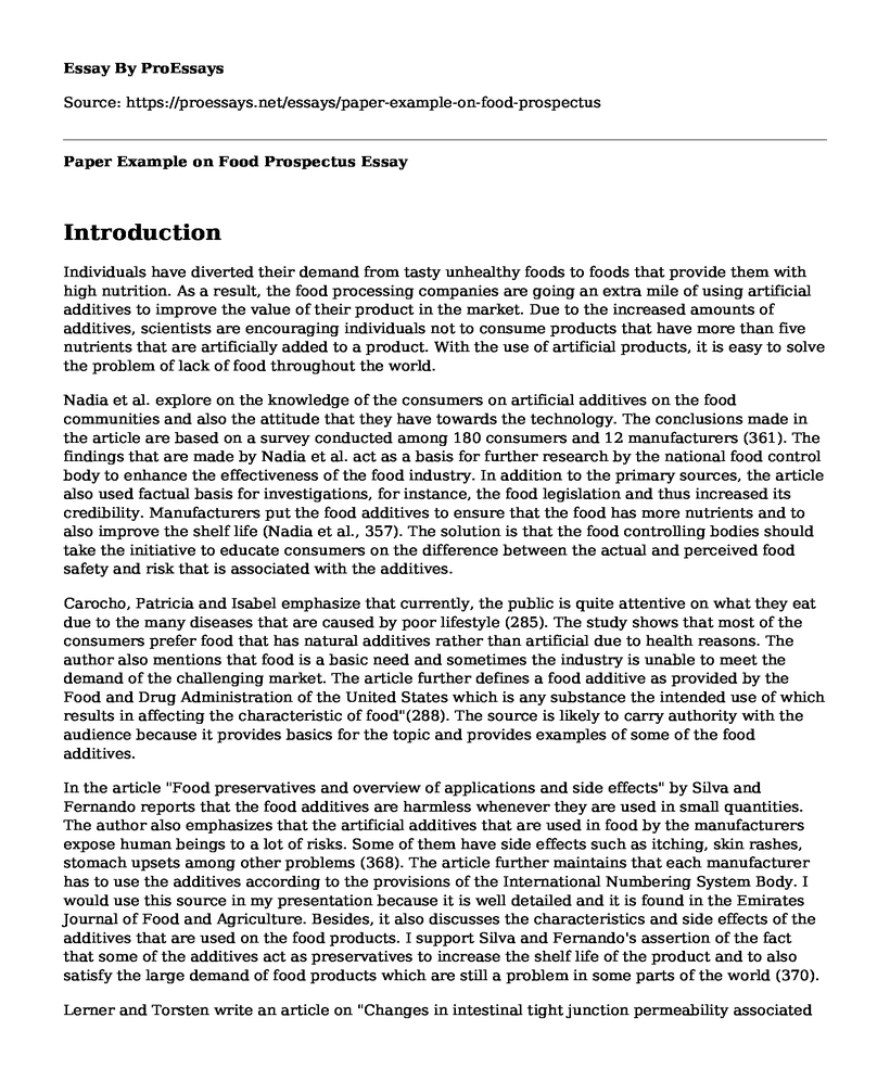 Paper Example on Food Prospectus