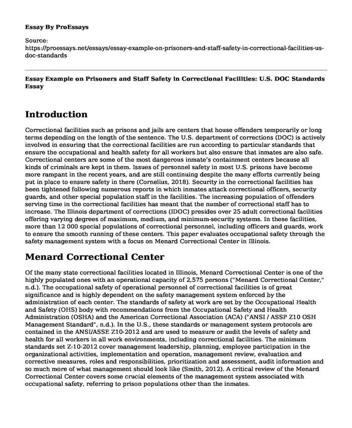 Essay Example on Prisoners and Staff Safety in Correctional Facilities: U.S. DOC Standards