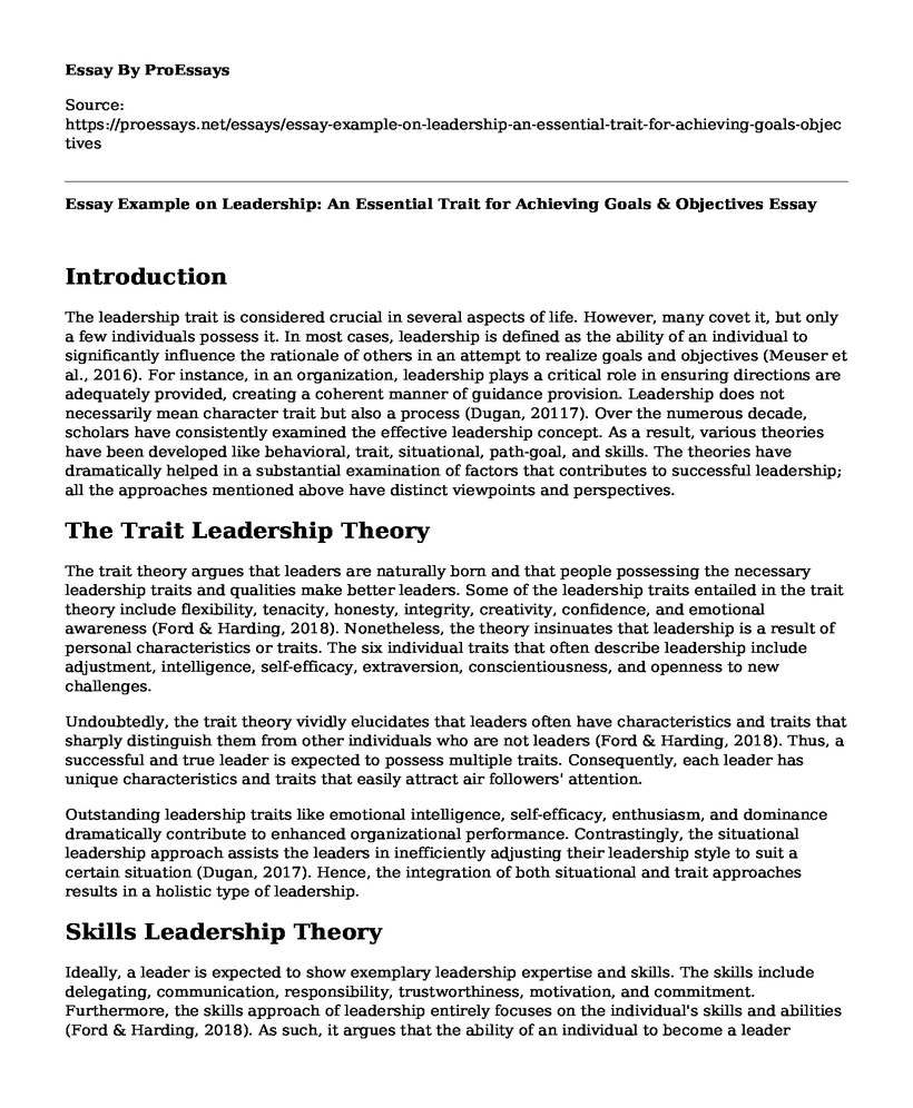 Essay Example on Leadership: An Essential Trait for Achieving Goals & Objectives