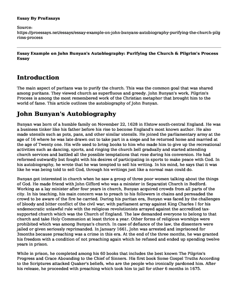 Essay Example on John Bunyan's Autobiography: Purifying the Church & Pilgrim's Process