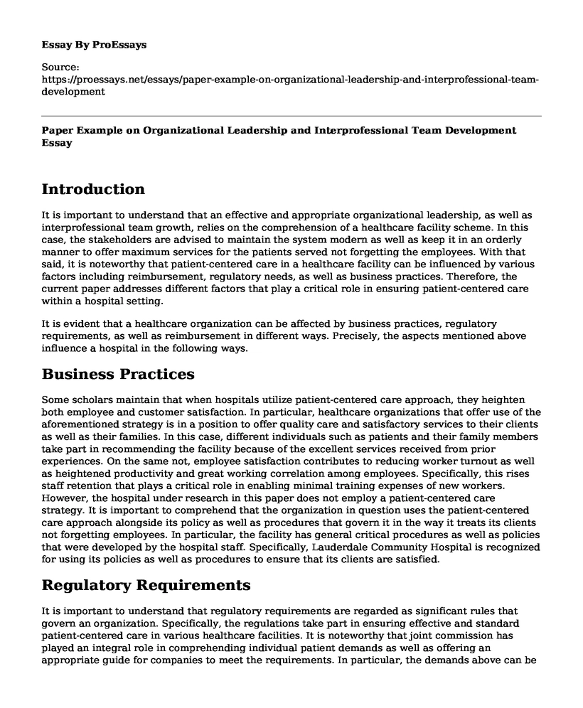 Paper Example on Organizational Leadership and Interprofessional Team Development