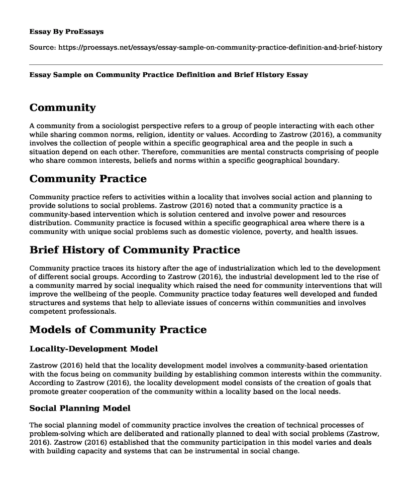 Essay Sample on Community Practice Definition and Brief History