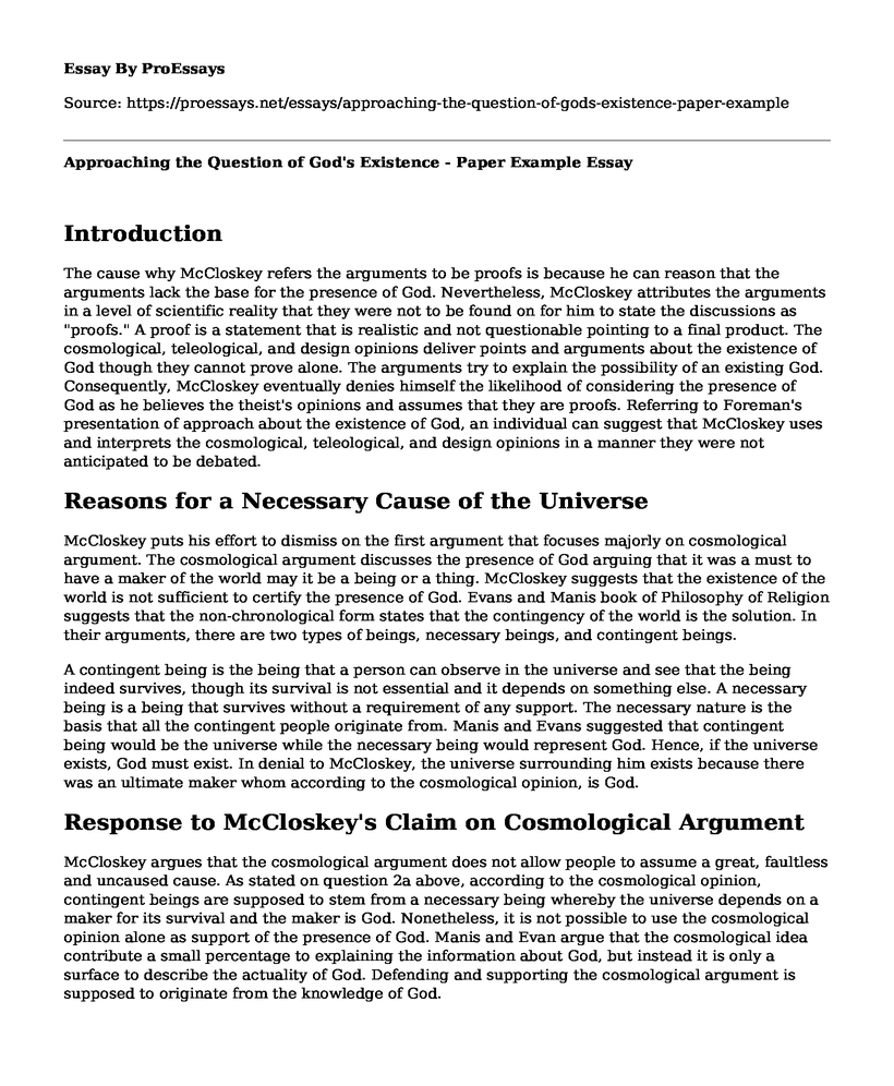 Approaching the Question of God's Existence - Paper Example