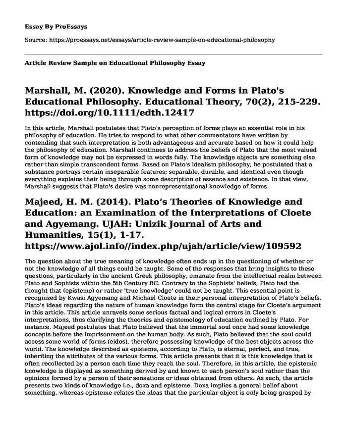 Article Review Sample on Educational Philosophy
