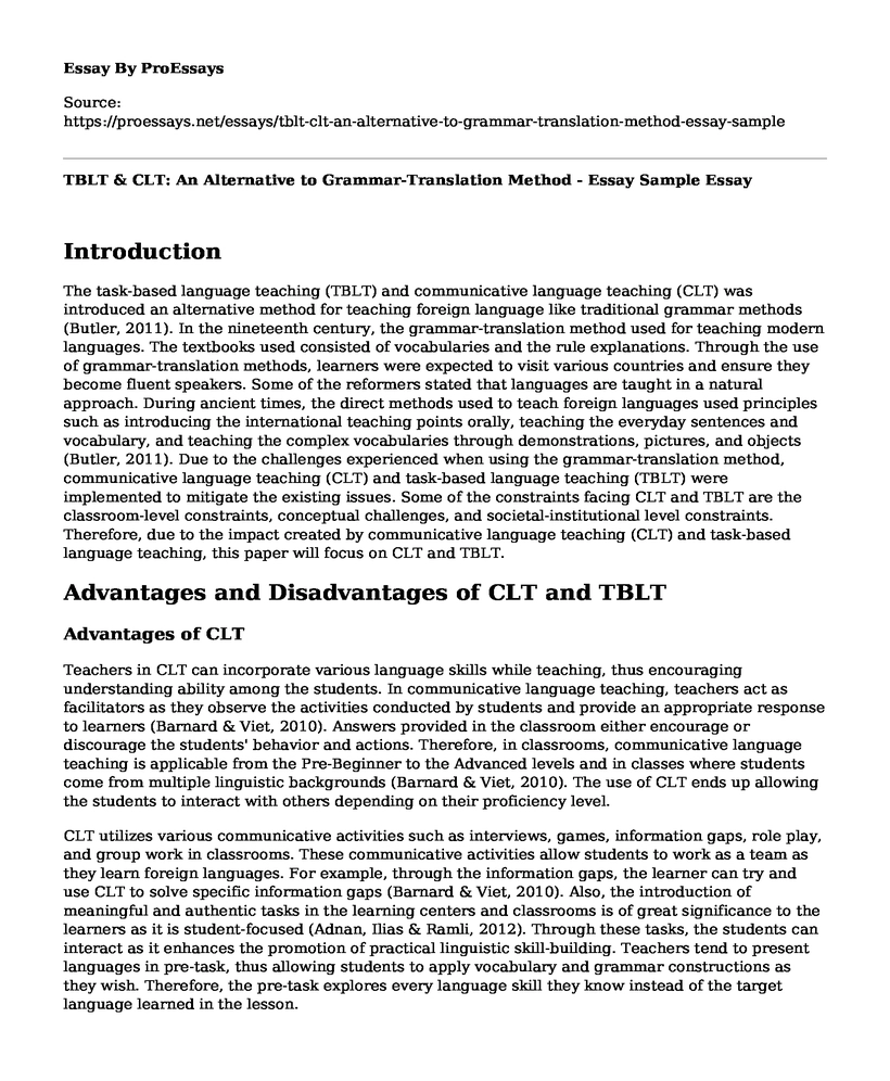 TBLT & CLT: An Alternative to Grammar-Translation Method - Essay Sample