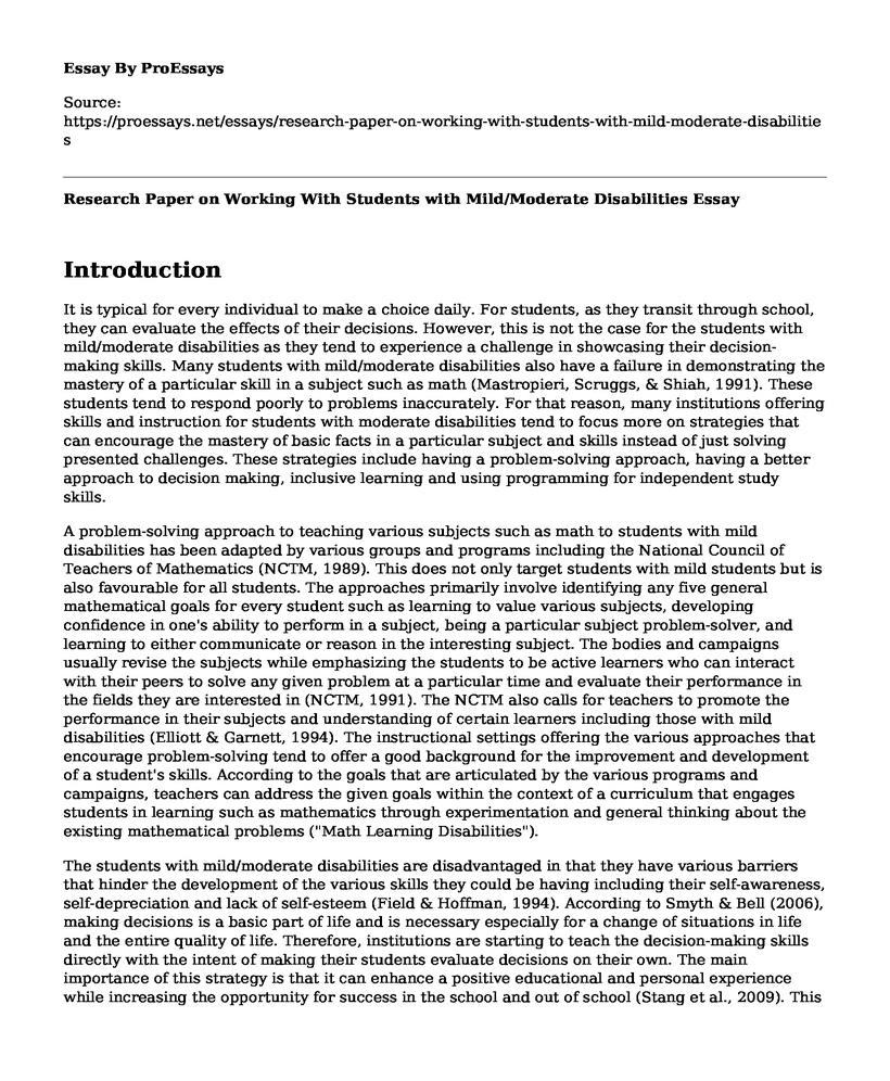 Research Paper on Working With Students with Mild/Moderate Disabilities