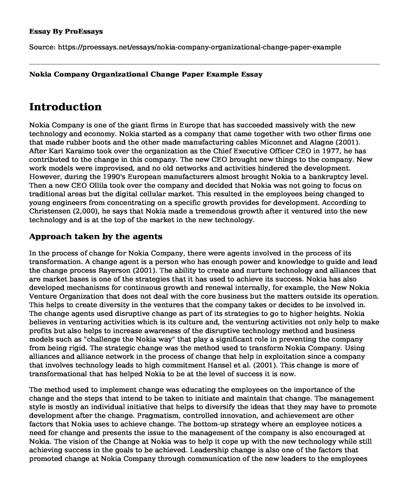 Nokia Company Organizational Change Paper Example