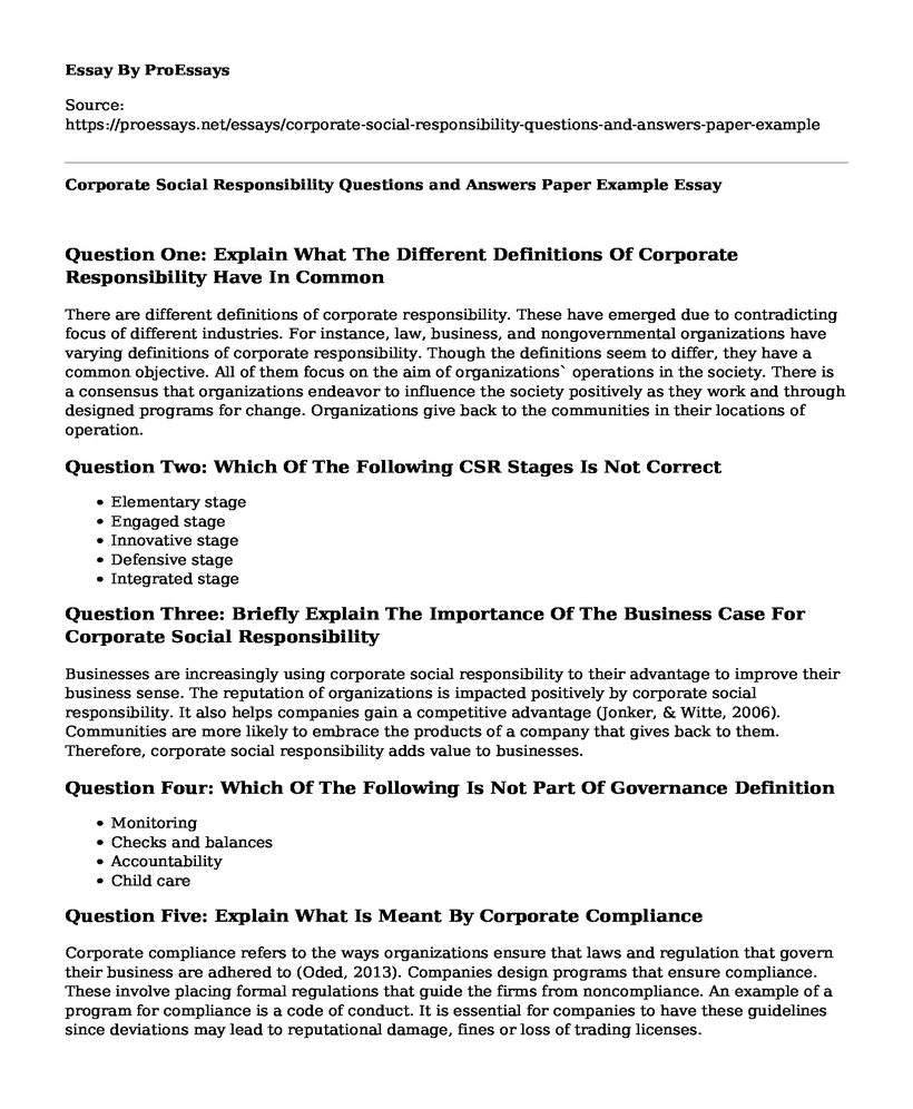 Corporate Social Responsibility Questions and Answers Paper Example