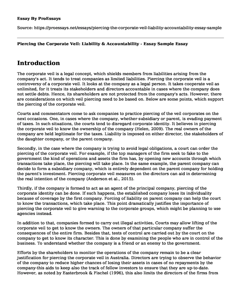 Piercing the Corporate Veil: Liability & Accountability - Essay Sample