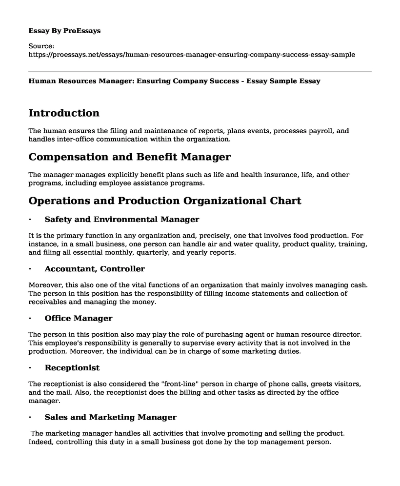Human Resources Manager: Ensuring Company Success - Essay Sample