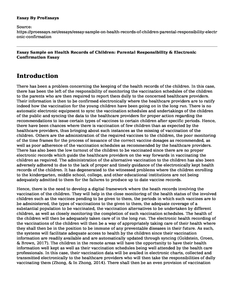 Essay Sample on Health Records of Children: Parental Responsibility & Electronic Confirmation