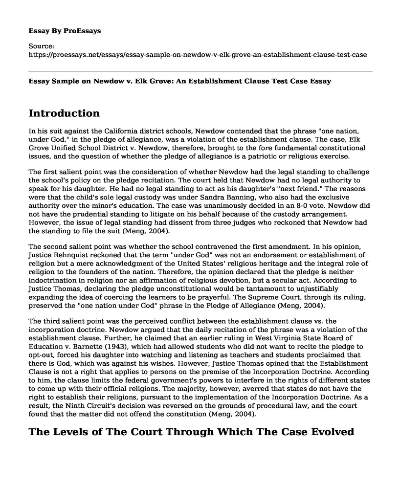 Essay Sample on Newdow v. Elk Grove: An Establishment Clause Test Case