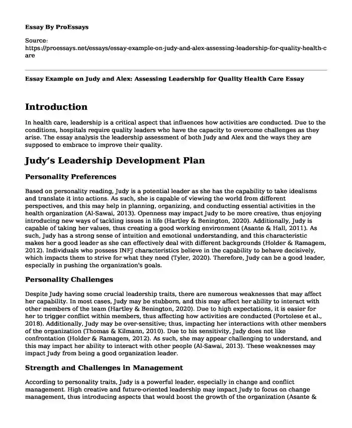 Essay Example on Judy and Alex: Assessing Leadership for Quality Health Care