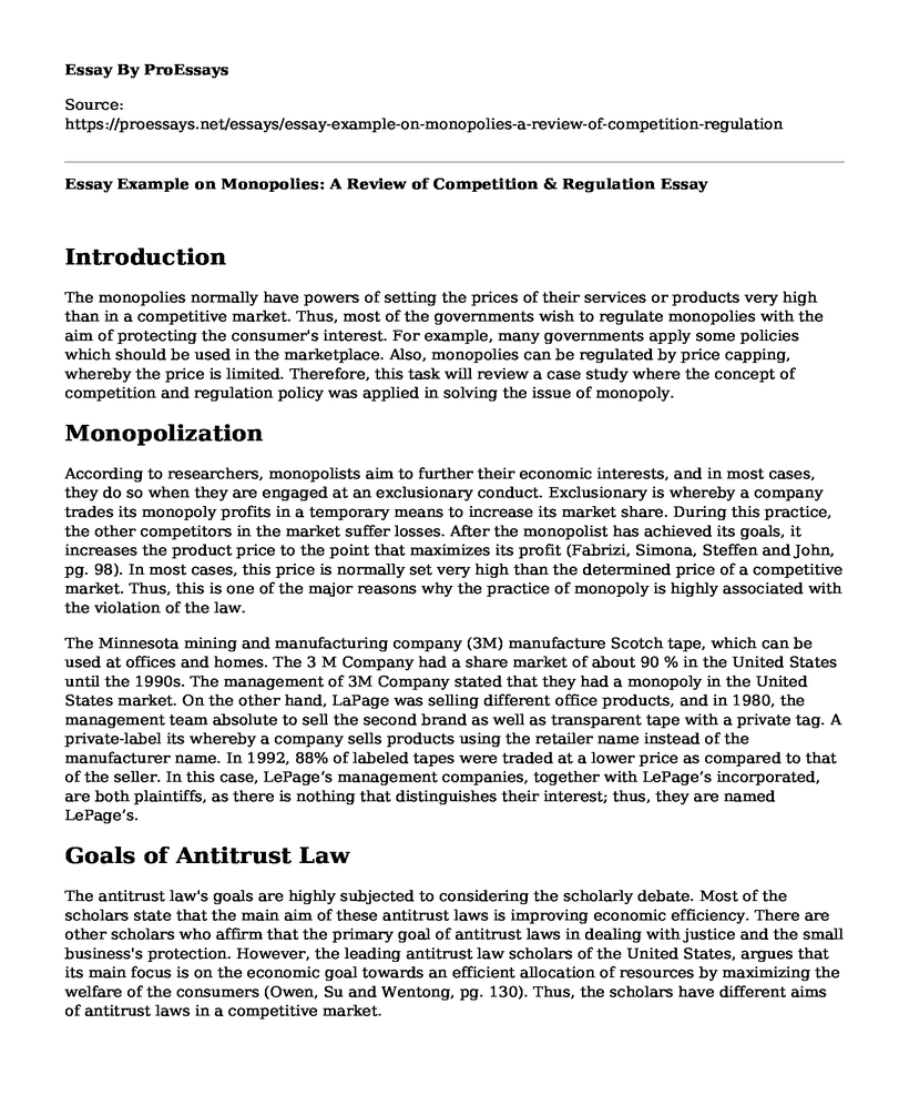 Essay Example on Monopolies: A Review of Competition & Regulation