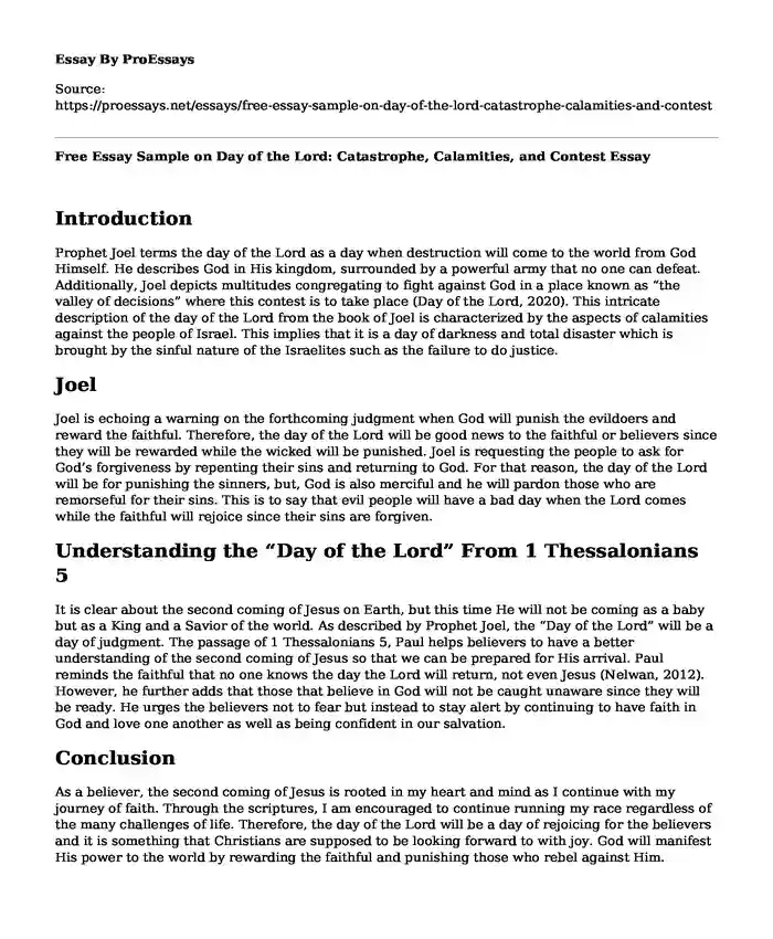Free Essay Sample on Day of the Lord: Catastrophe, Calamities, and Contest
