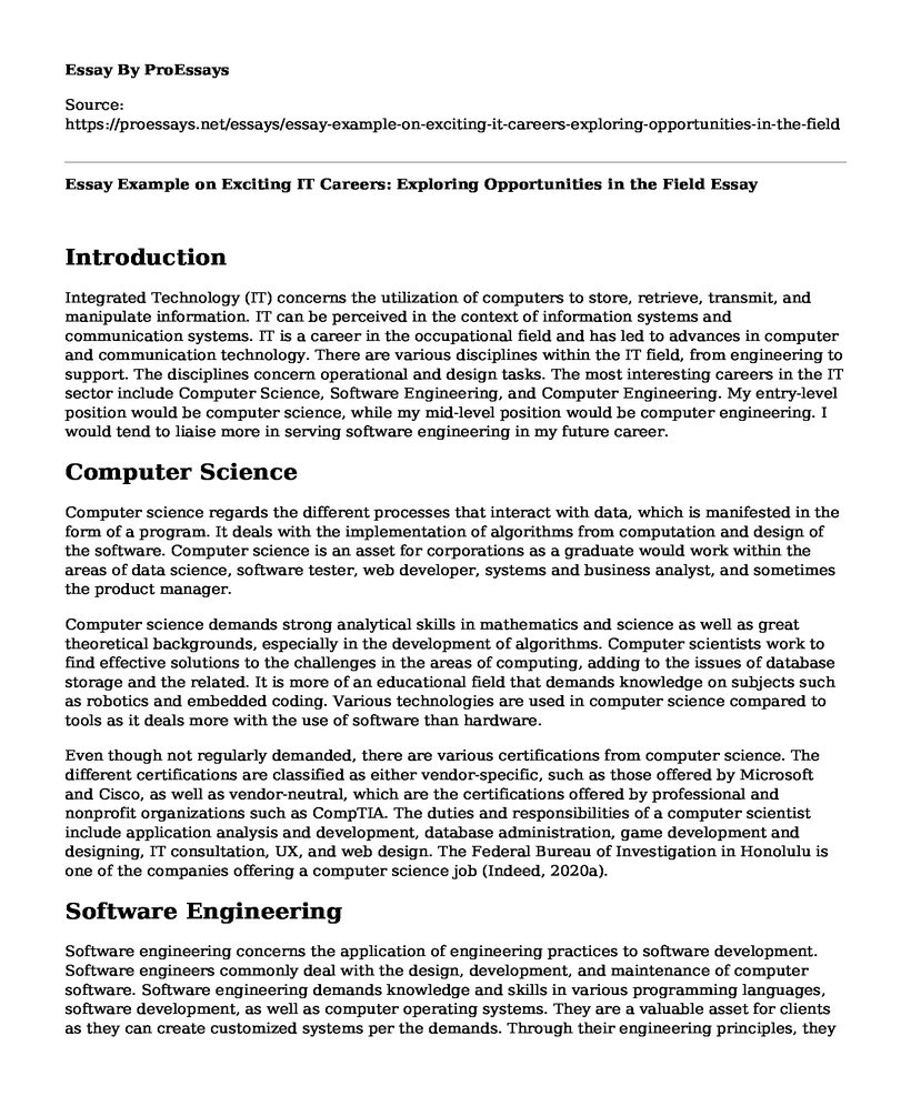 Essay Example on Exciting IT Careers: Exploring Opportunities in the Field