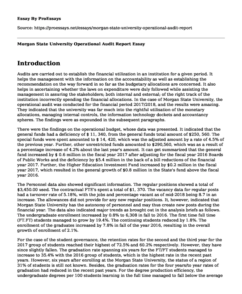Morgan State University Operational Audit Report