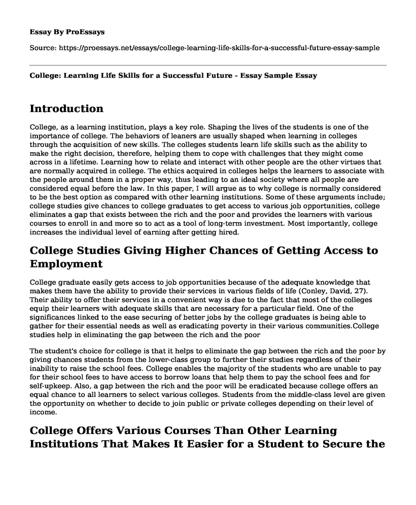 College: Learning Life Skills for a Successful Future - Essay Sample