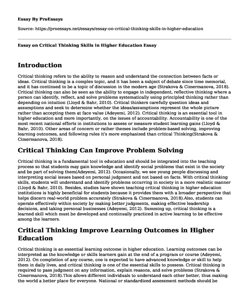 Essay on Critical Thinking Skills in Higher Education