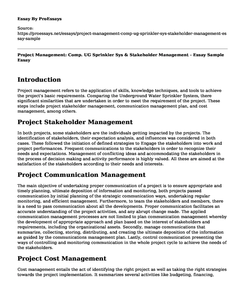 Project Management: Comp. UG Sprinkler Sys & Stakeholder Management - Essay Sample